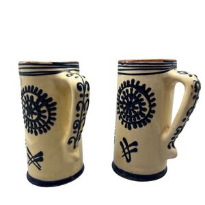 Vintage Folk Art Pottery Romania‎ Pair of MugsCream Navy